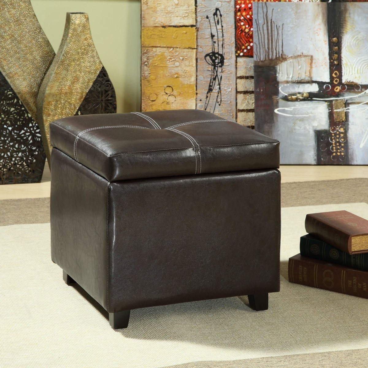 17 Inch L x 17 Inch W x 17 Inch H - Treasure Upholstered Vinyl Ottoman in Black - BUILDMYPLACE