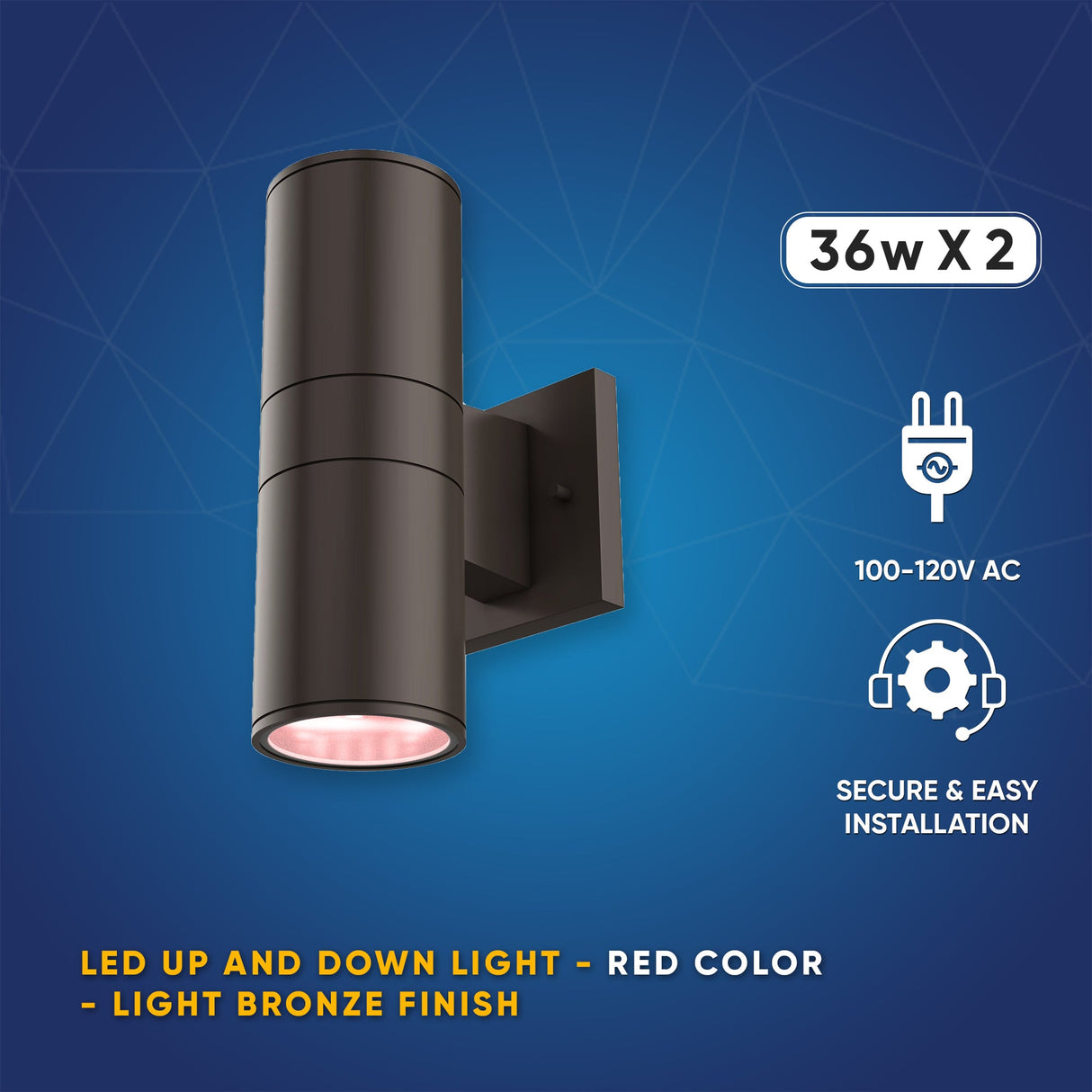 LED Up & Down Light Cylinder, 2x36W, AC100- 277V,  Double Side (Red, Green, Blue)