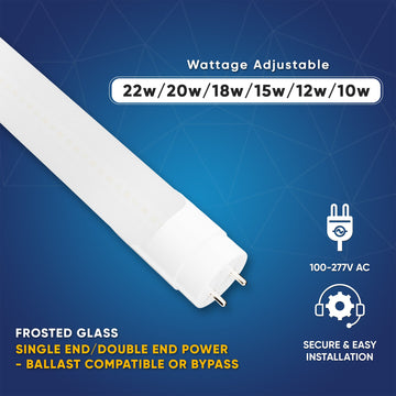 Hybrid T8 4ft LED Tube/Bulb - 22w/20w/18w/ 15w/12w/10w Watt Adjustable, 130lm/w, 3000k /3500k/4000k/5000k/6000k/6500k CCT Changeable, Frosted, Base G13, Single End/Double End Power - Ballast Compatible or Bypass