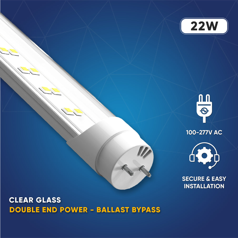 T8 4ft LED Tube/Bulb - 22W 3000 Lumens 5000K Clear, 2-Row, Double Ended Power - Ballast Bypass