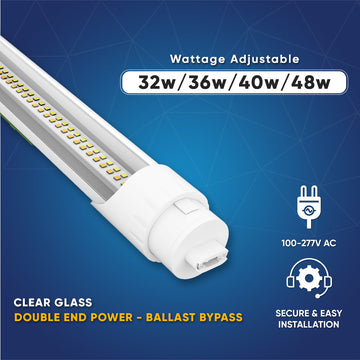 T8 8ft LED Tube/Bulb - 32/36/40/48W Wattage Adjustable, 130lm/w, 3000K/4000K/5000K/6500K CCT Changeable, Clear, R17D Base,- Ballast Bypass