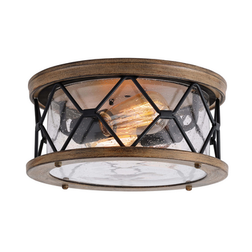 2-Light Flush Mount Ceiling Light - Modern Industrial Ceiling Light Fixture for Kitchen Hallway Bedroom, Matt Black+Wood Finish with Seeded Glass Cover