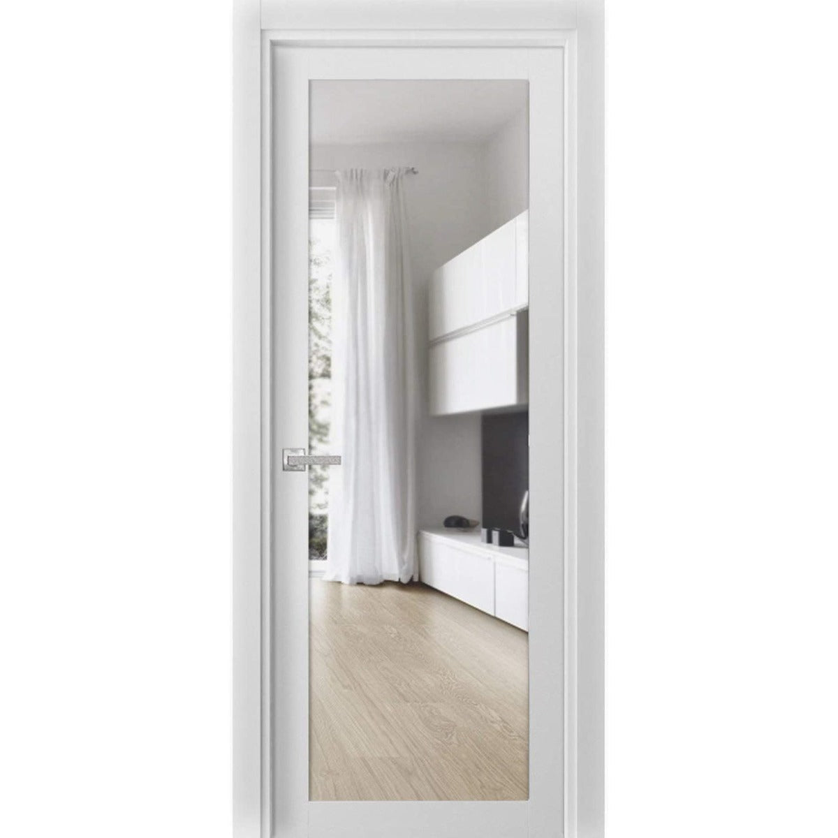 Solid French Door | Lucia 2166 White Silk with Clear Glass | Single Regular Panel Frame Trims Handle | Bathroom Bedroom Sturdy Doors