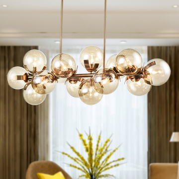 14-Light Linear Chandeliers for Dining Room Glass Globe New Brass Finish Hardware Finish with Mercury Glass, Pendant Lighting, E12 Base