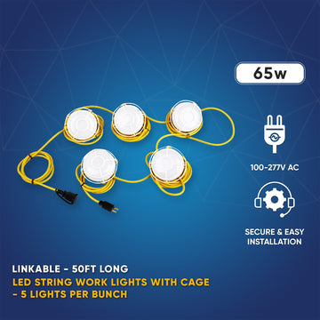 65W String Work Light With Cage-5000K, 50ft, 8000 Lumens , IP65 rated , 5 Lights Per Bunch