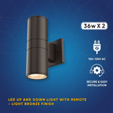 LED Outdoor Up & Down Lights With Remote, RGBW, Cylinder, 36WX2, AC100-277V, IP65, ETL CE RoSH Approval, Outdoor Wall Lights