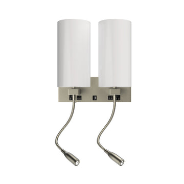 2-Light Acrylic Wall Sconce, Brushed Nickel Finish, With LED 2*1W+1 usb+2 switches+2 outlet, LED Acrylic Wall Light