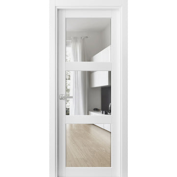Solid French Door 3 Lites | Lucia 2555 White Silk with Clear Glass | Single Regular Panel Frame Trims Handle | Bathroom Bedroom Sturdy Doors