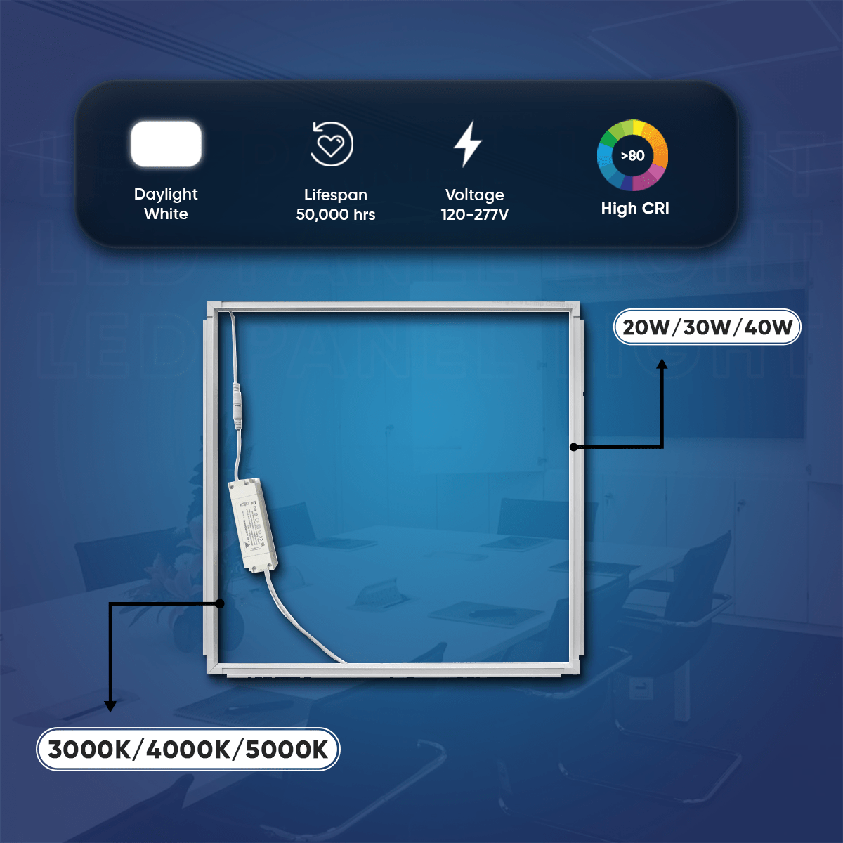 2 ft. x 2 ft. LED T - Bar Panel Light, 20W/30W/40W Wattage adjustable, 3000K/4000K/5000K CCT Changeable, 4800LM, >80 CRI, Dimmable, ETL, DLC Listed, For Offices, Schools, Hospitality, Retail - BUILDMYPLACE
