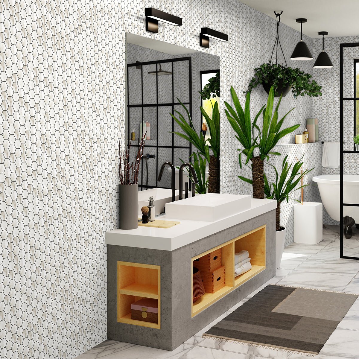 2 In Hexagon La Marca Calacatta Polished Glazed Porcelain Mosaic - BUILDMYPLACE