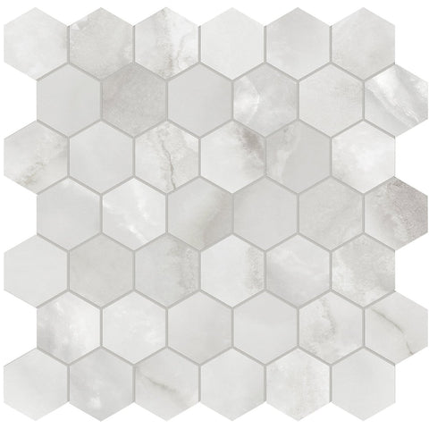 2 In Hexagon La Marca Onyx Nuvolato Polished Glazed Porcelain Mosaic