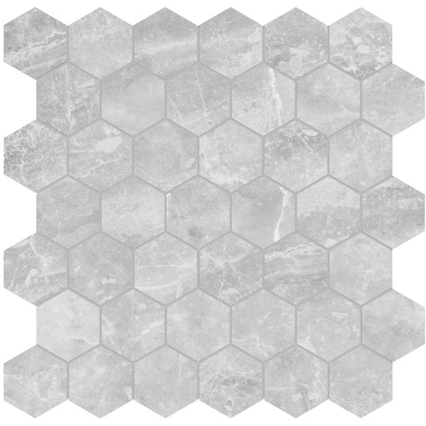 2 In Hexagon Plata Perla Grigia Polished Glazed Porcelain Mosaic