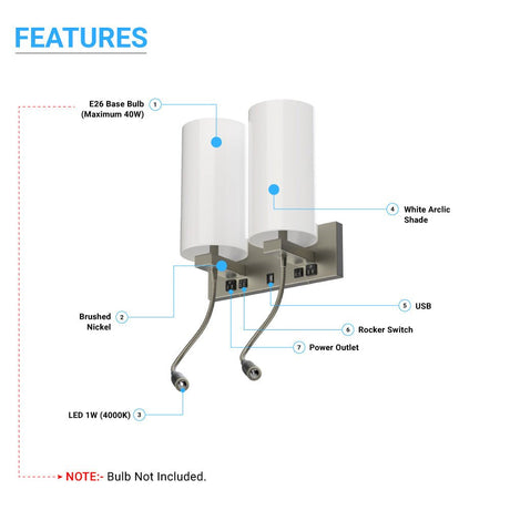 2 - Light Acrylic Wall Sconce, Brushed Nickel Finish, With LED 2*1W+1 usb+2 switches+2 outlet, LED Acrylic Wall Light - BUILDMYPLACE