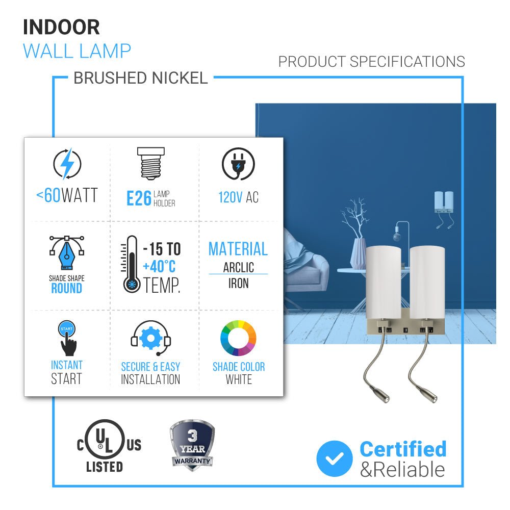 2 - Light Acrylic Wall Sconce, Brushed Nickel Finish, With LED 2*1W+1 usb+2 switches+2 outlet, LED Acrylic Wall Light - BUILDMYPLACE