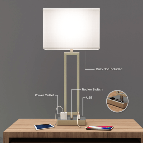 2 - Light Bedside Table Lamp With 1 - USB Charging Port, 2 - Switches, 2 - outlets, 28 inch, Brushed Nickel Finish, For Living Room, Dorm, Bedroom Lamp - BUILDMYPLACE