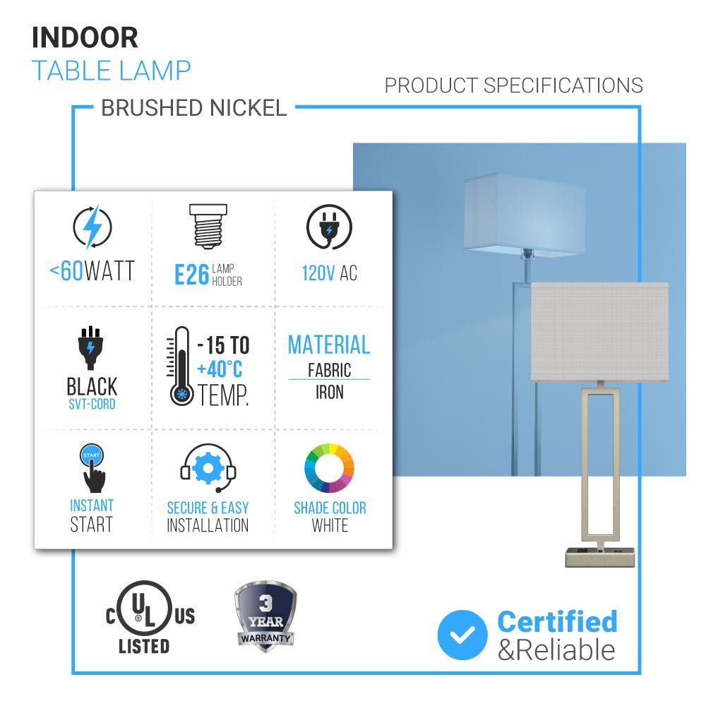 2 - Light Bedside Table Lamp With 1 - USB Charging Port, 2 - Switches, 2 - outlets, 28 inch, Brushed Nickel Finish, For Living Room, Dorm, Bedroom Lamp - BUILDMYPLACE