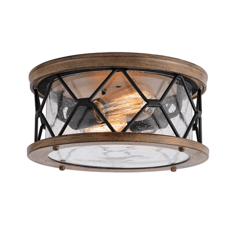 2 - Light Flush Mount Ceiling Light - Modern Industrial Ceiling Light Fixture for Kitchen Hallway Bedroom, Matt Black+Wood Finish with Seeded Glass Cover - BUILDMYPLACE