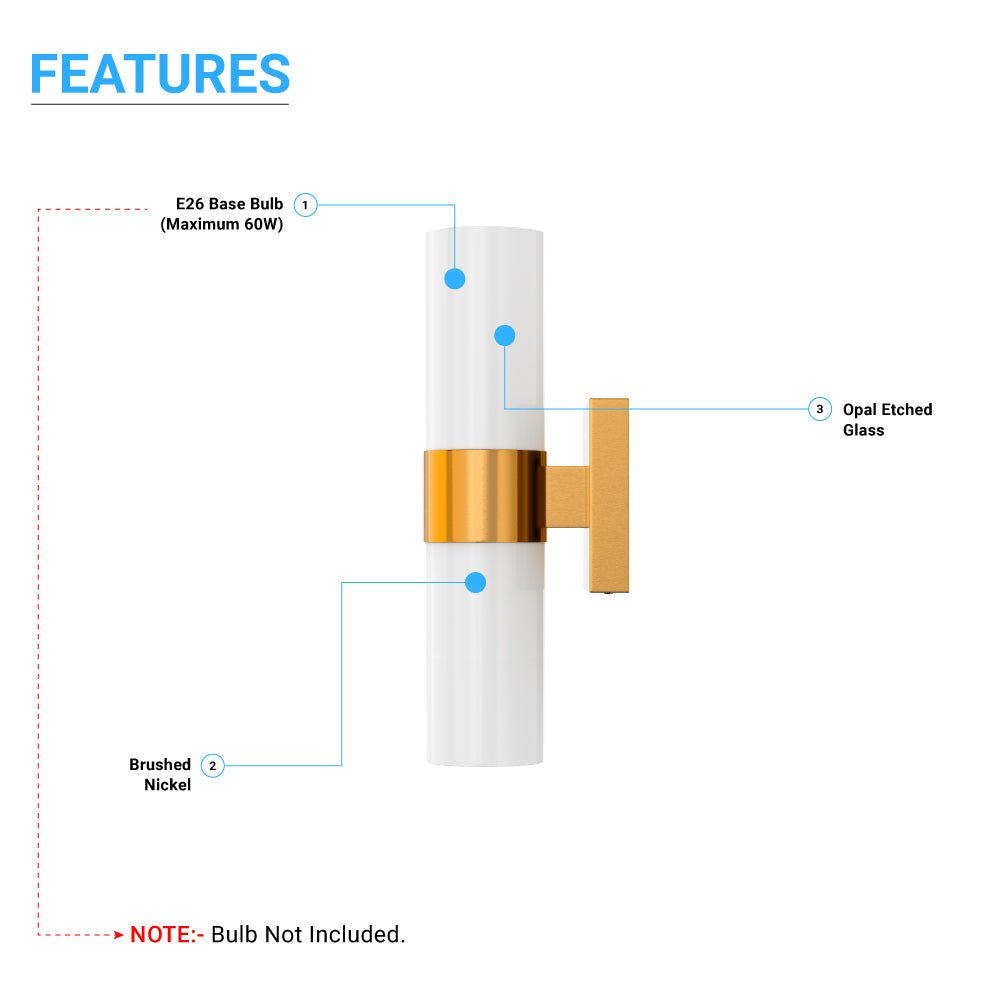 2 Lights - LED Wall Sconce W/ Frosted Glass Shade - E26 Base - UL Listed, Brushed Brass Finish - BUILDMYPLACE