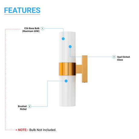 2 Lights - LED Wall Sconce W/ Frosted Glass Shade - E26 Base - UL Listed, Brushed Brass Finish - BUILDMYPLACE