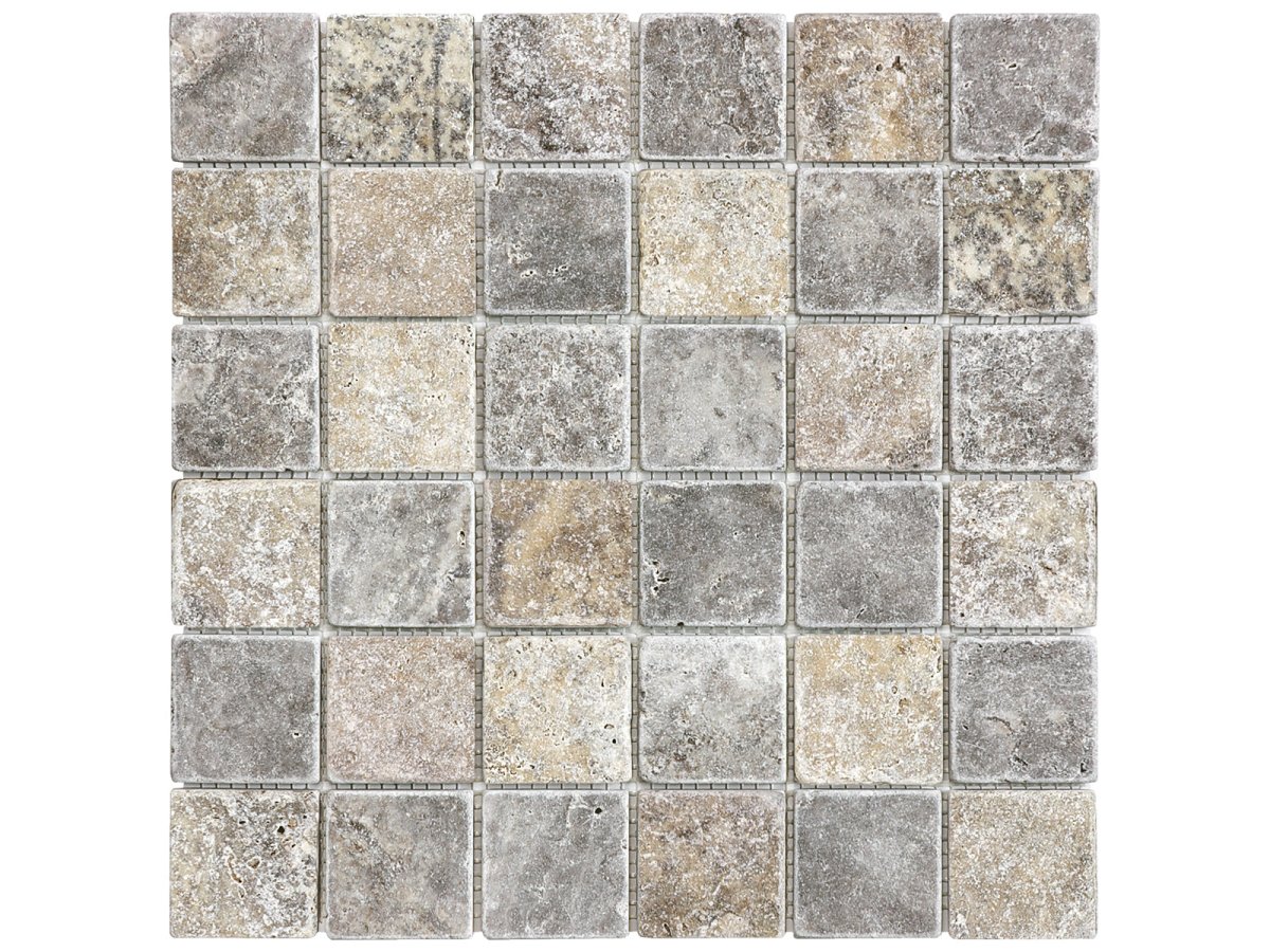 2 X 2 In Silver Ash Tumbled Travertine Mosaic - BUILDMYPLACE