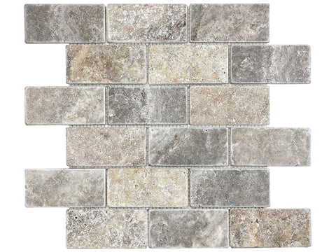 2 X 4 In Brick Silver Ash Tumbled Travertine Mosaic