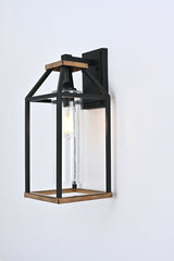 20 - in Black and Wood Outdoor Farmhouse Wall Lantern, 1 - Light Wall Lamp Sconce, Clear Seeded Glass - BUILDMYPLACE