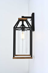 20 - in Black and Wood Outdoor Farmhouse Wall Lantern, 1 - Light Wall Lamp Sconce, Clear Seeded Glass - BUILDMYPLACE