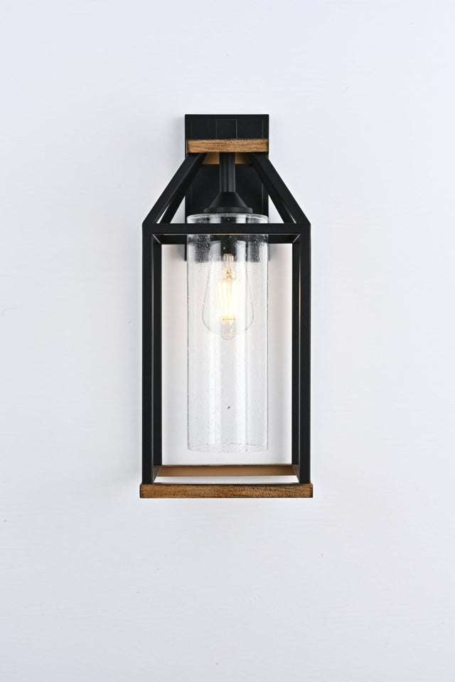 20 - in Black and Wood Outdoor Farmhouse Wall Lantern, 1 - Light Wall Lamp Sconce, Clear Seeded Glass - BUILDMYPLACE