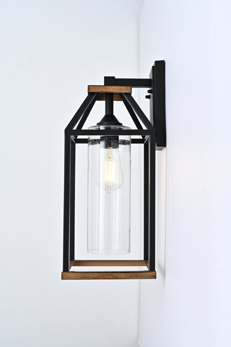 20 - in Black and Wood Outdoor Farmhouse Wall Lantern, 1 - Light Wall Lamp Sconce, Clear Seeded Glass - BUILDMYPLACE