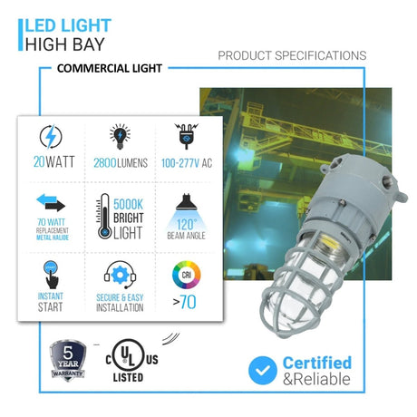 20 Watt LED Explosion Proof Jelly Jar Light, O Series, Non Dimmable, 5000K, 2800LM, AC100 - 277V, IP66 - BUILDMYPLACE