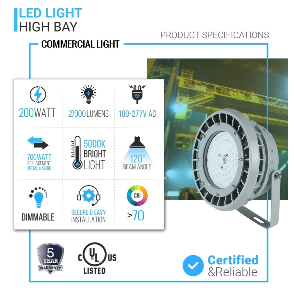 200 Watt LED Explosion Proof Round High Bay Light, B Series, Dimmable, 5000K, 27000LM, AC100 - 277V, IP66, Hazardous Location Lighting Fixtures - BUILDMYPLACE