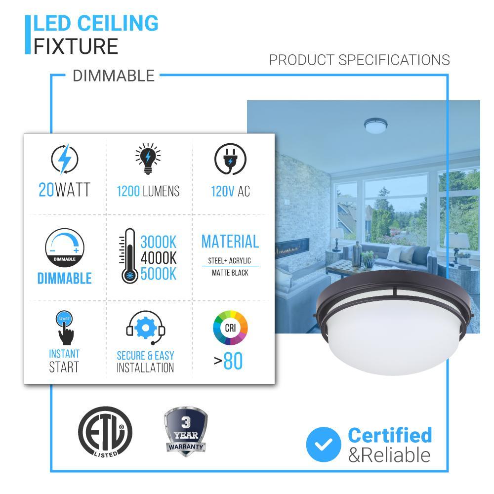 20W LED Flush Mount Ceiling Light, CCT Changeable (3000/4000/5000K), 1200LM, Hallway Light Fixtures, Dimmable, Matte Black, for Bedroom Kitchen Stairwell Entryway - BUILDMYPLACE