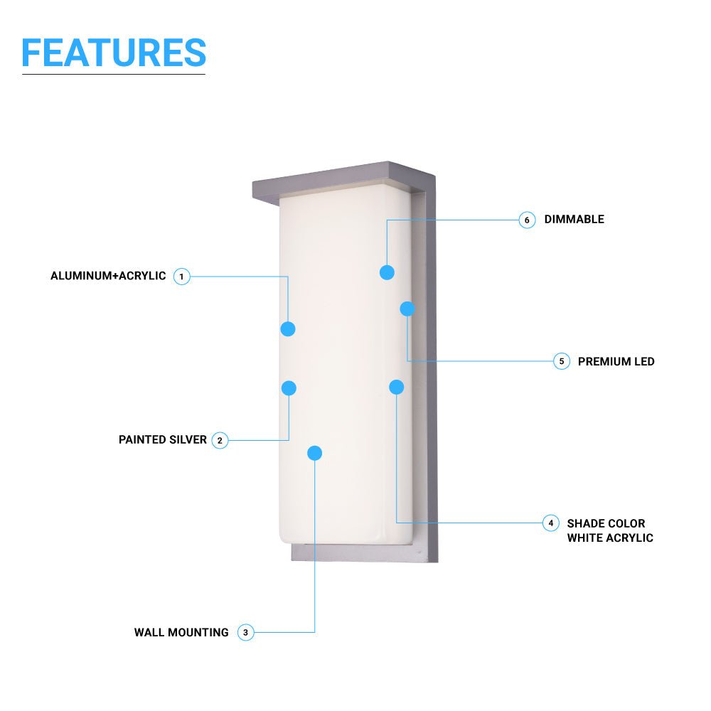 20W Modern LED Outdoor Wall Sconce Light 5000K 600LM White Acrylic Shade, 120 - 277V Non - Dimmable, ETL Listed, Wet Location, Painted Silver Finish - BUILDMYPLACE