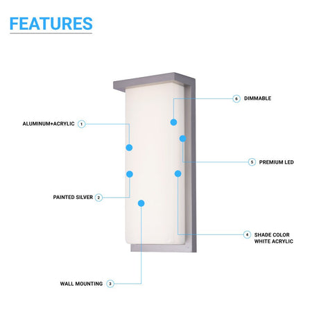 20W Modern LED Outdoor Wall Sconce Light 5000K 600LM White Acrylic Shade, 120 - 277V Non - Dimmable, ETL Listed, Wet Location, Painted Silver Finish - BUILDMYPLACE