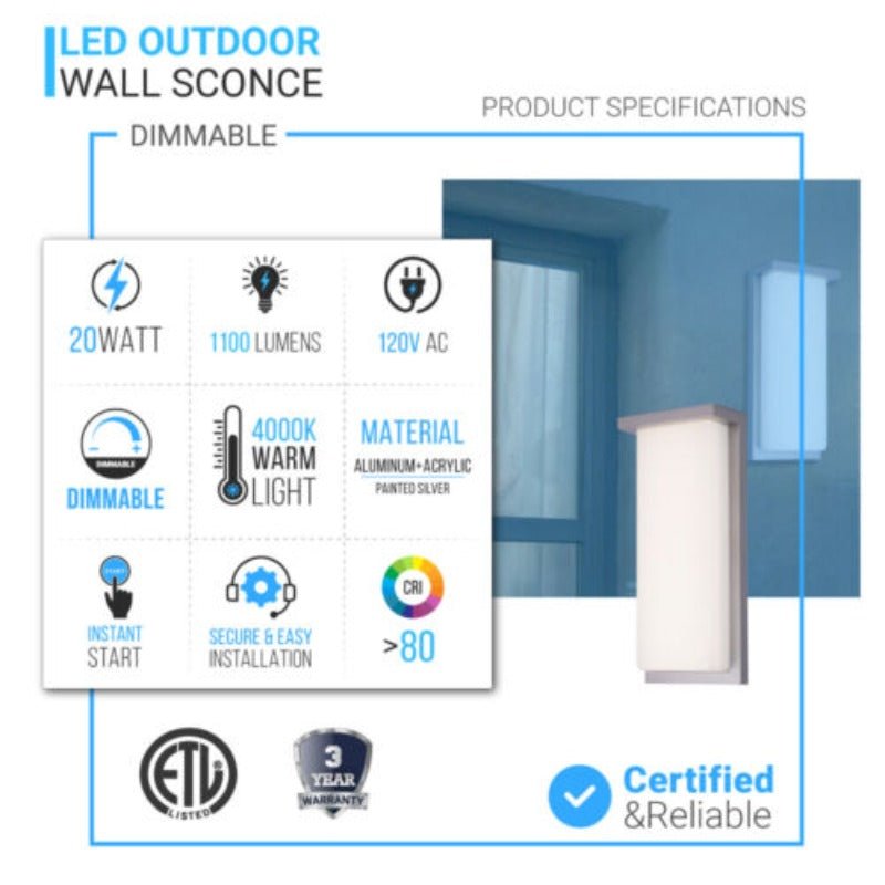 20W Modern LED Outdoor Wall Sconce Light 5000K 600LM White Acrylic Shade, 120 - 277V Non - Dimmable, ETL Listed, Wet Location, Painted Silver Finish - BUILDMYPLACE