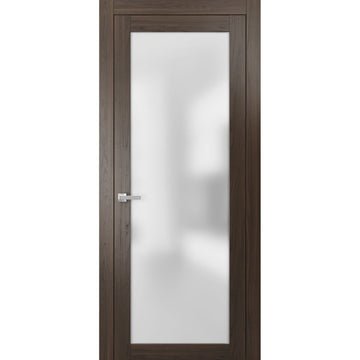 Solid French Door | Planum 2102 Chocolate Ash with Frosted Glass | Single Regular Panel Frame Trims Handle | Bathroom Bedroom Sturdy Doors