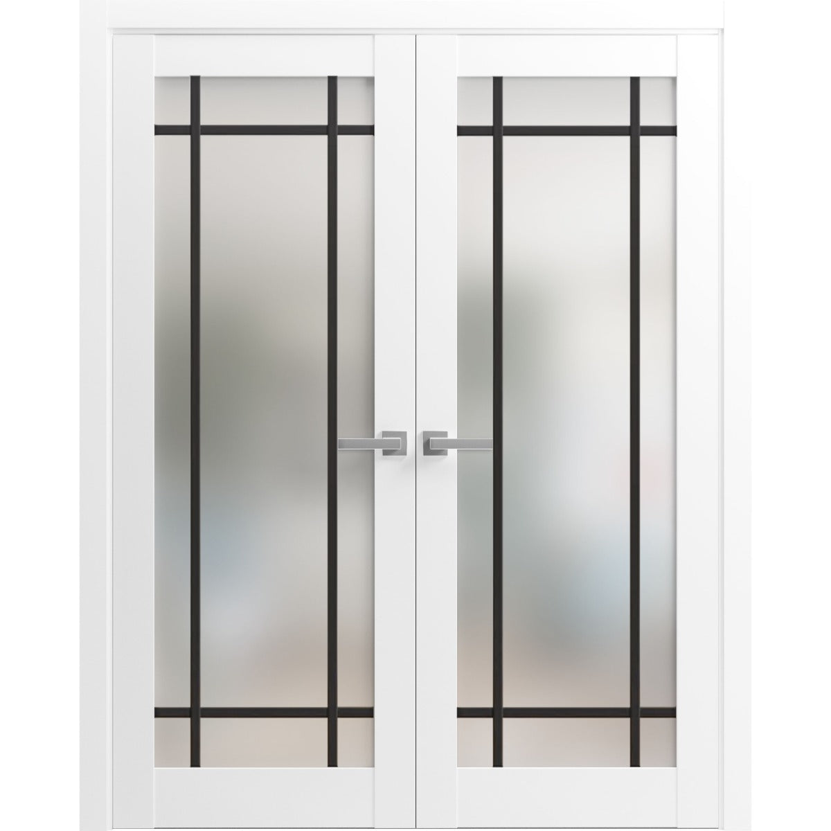 Solid French Double Doors | Planum 2112 White Silk Frosted Glass | Wood Solid Panel Frame Trims | Closet Bedroom Sturdy Doors