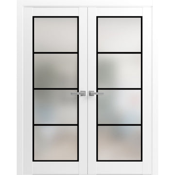 Solid French Double Doors | Planum 2132 White Silk Frosted Glass | Wood Solid Panel Frame Trims | Closet Bedroom Sturdy Doors