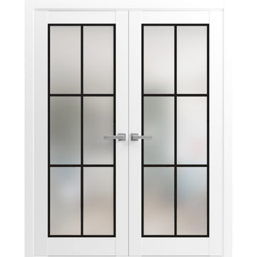 Solid French Double Doors | Planum 2122 White Silk Frosted Glass | Wood Solid Panel Frame Trims | Closet Bedroom Sturdy Doors