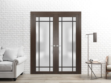 Solid French Double Doors | Planum 2112 Chocolate Ash Frosted Glass | Wood Solid Panel Frame Trims | Closet Bedroom Sturdy Doors