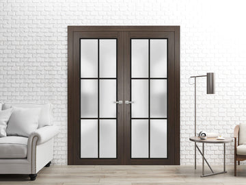 Solid French Double Doors | Planum 2122 Chocolate Ash Frosted Glass | Wood Solid Panel Frame Trims | Closet Bedroom Sturdy Doors