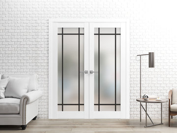 Solid French Double Doors | Planum 2112 White Silk Frosted Glass | Wood Solid Panel Frame Trims | Closet Bedroom Sturdy Doors