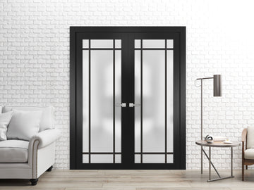 Solid French Double Doors | Planum 2112 Matte Black Frosted Glass | Wood Solid Panel Frame Trims | Closet Bedroom Sturdy Doors