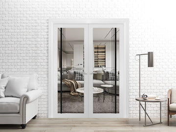 Solid French Double Doors | Lucia 2566 White Silk Clear Glass | Wood Solid Panel Frame Trims | Closet Bedroom Sturdy Doors