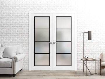Solid French Double Doors | Planum 2132 White Silk Frosted Glass | Wood Solid Panel Frame Trims | Closet Bedroom Sturdy Doors