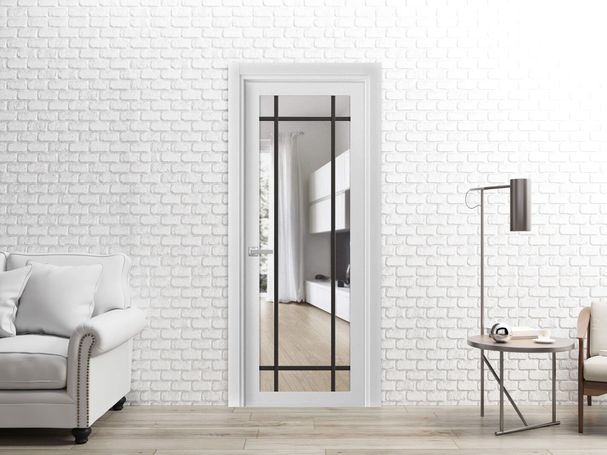 Solid French Door | Lucia 2266 White Silk Clear Glass | Single Regular Panel Frame Trims Handle | Bathroom Bedroom Sturdy Doors