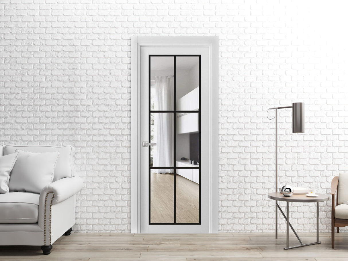 Solid French Door | Lucia 2366 White Silk Clear Glass | Single Regular Panel Frame Trims Handle | Bathroom Bedroom Sturdy Doors