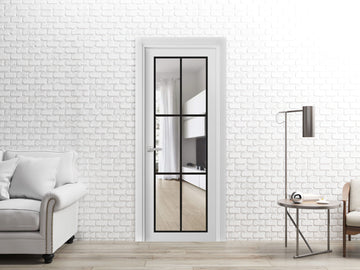 Solid French Door | Lucia 2366 White Silk Clear Glass | Single Regular Panel Frame Trims Handle | Bathroom Bedroom Sturdy Doors