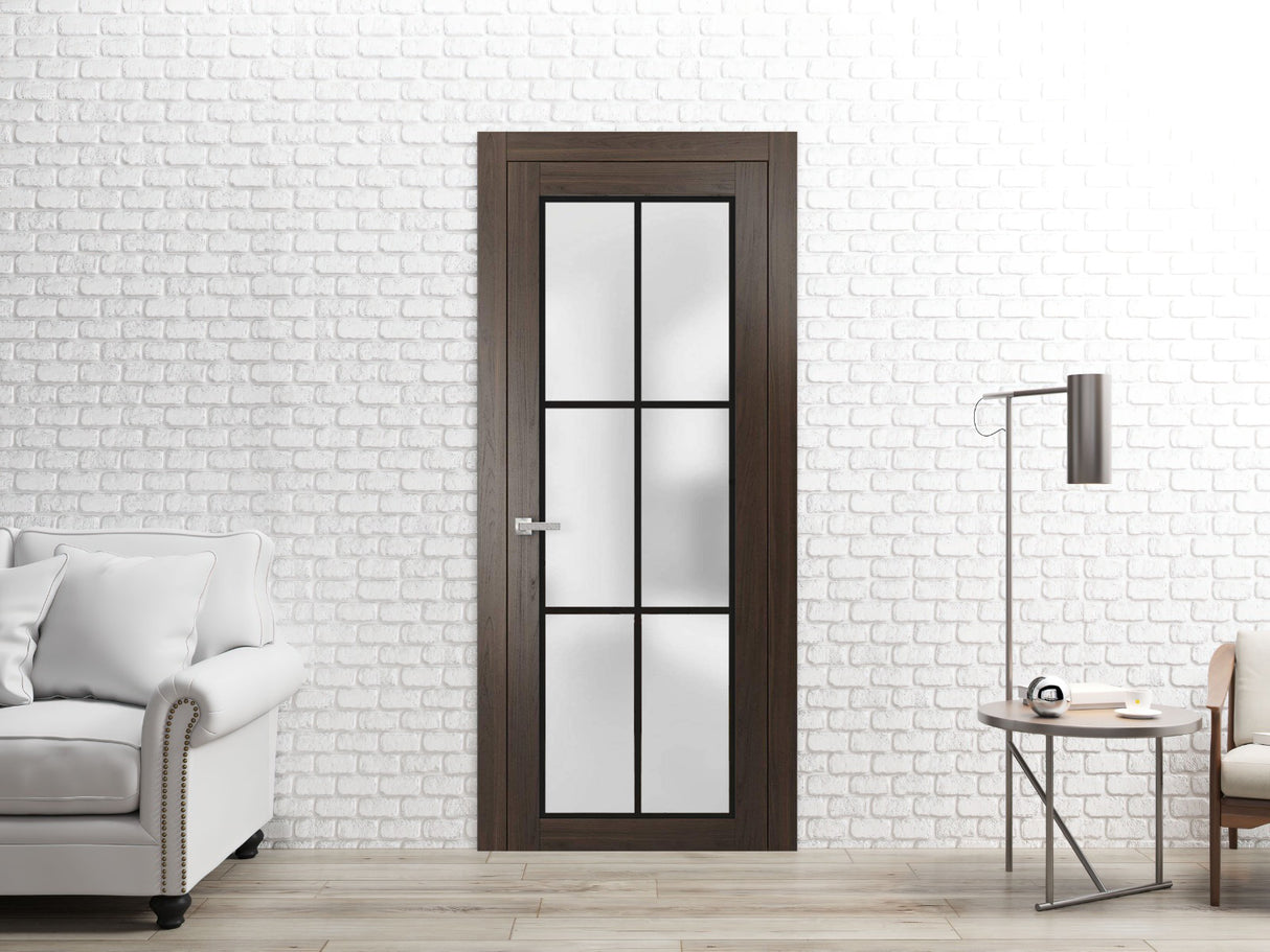 Solid French Door | Planum 2122 Chocolate Ash Frosted Glass | Single Regular Panel Frame Trims Handle | Bathroom Bedroom Sturdy Doors