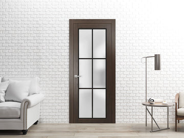 Solid French Door | Planum 2122 Chocolate Ash Frosted Glass | Single Regular Panel Frame Trims Handle | Bathroom Bedroom Sturdy Doors